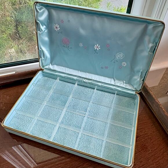 Vintage Farrington Travel Jewelry Box: MCM Blue Floral  Vintage Farrington Texol Blue Floral Jewelry Box, Hard Case Organizer